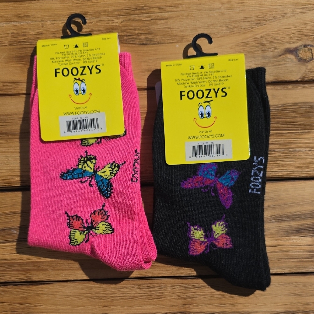 NWT Foozys Women's Butterfly Socks - Pink and Black 2 Pair Set - Picture 2 of 3